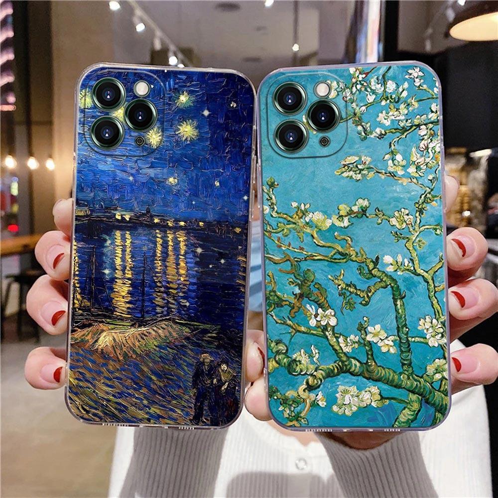 Starry Sky Van Gogh Oil Painting Sunflower Almond Blossoms Clear Phone Case For iPhone 15 13 11 12 14 Pro Max XS 7 8 Plus Covers