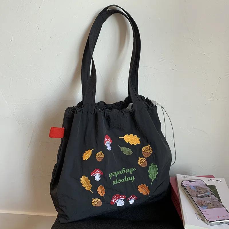 

Vintage Embroidery Nyl Tote Shoulder Bag for Women Large Capacity Ladies Drawstring Shopper Bags Casual Portable Handbags чорний