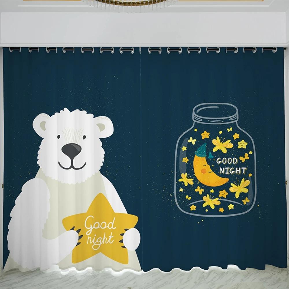 

Big White Bear Star Cartoon Style Children s Boy Room Curtain Boy Bay Window Bed Chamber Living Area Room Thin Drape New Model Pattern W55 X H120cm X 2&HOOK