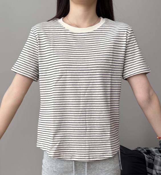 Women's High-End Hong Kong Style Black & White Striped Loose Summer T-Shirt