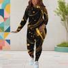 Women Plus Size Black Teal Gold Printed Round Neck Long Sleeve Top And Fitted Pants Two Piece Set