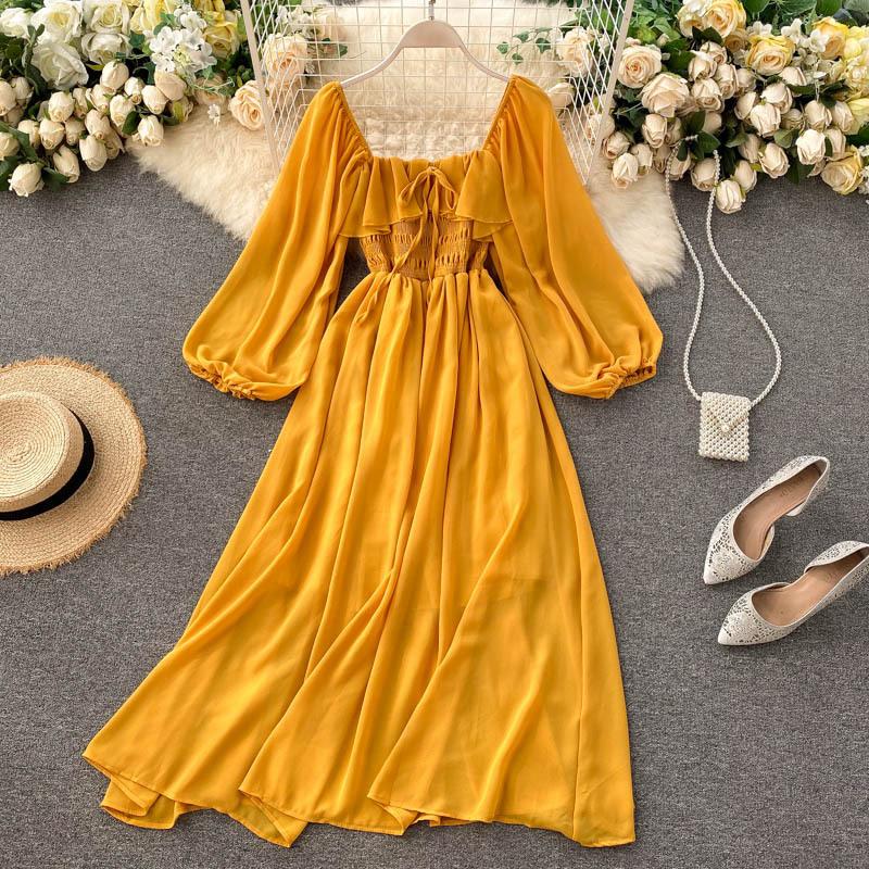 Chic Gentle Wind Dress Autumn Women's French Vintage Square Neck Magenta Bubble Sleeve Dress