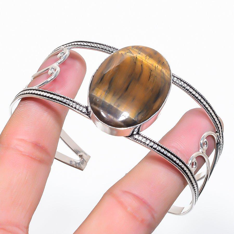 

Natural Tiger Eye Gemstone 925 Sterling Silver Cuff Bangle Adjustable F4P22