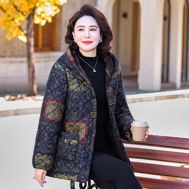 Floral Hooded Velvet Cotton Jacket for Middle-Aged & Elderly Women - Warm Winter Coat