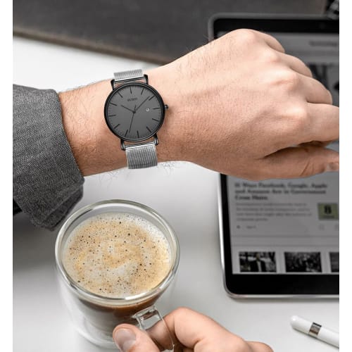 BUREI Men's Watch, Simple, Waterproof, Analog, Business Style, Milanese Style, Mesh Strap, Stylish, Popular, Date Display, Silver Gray, Brand Name