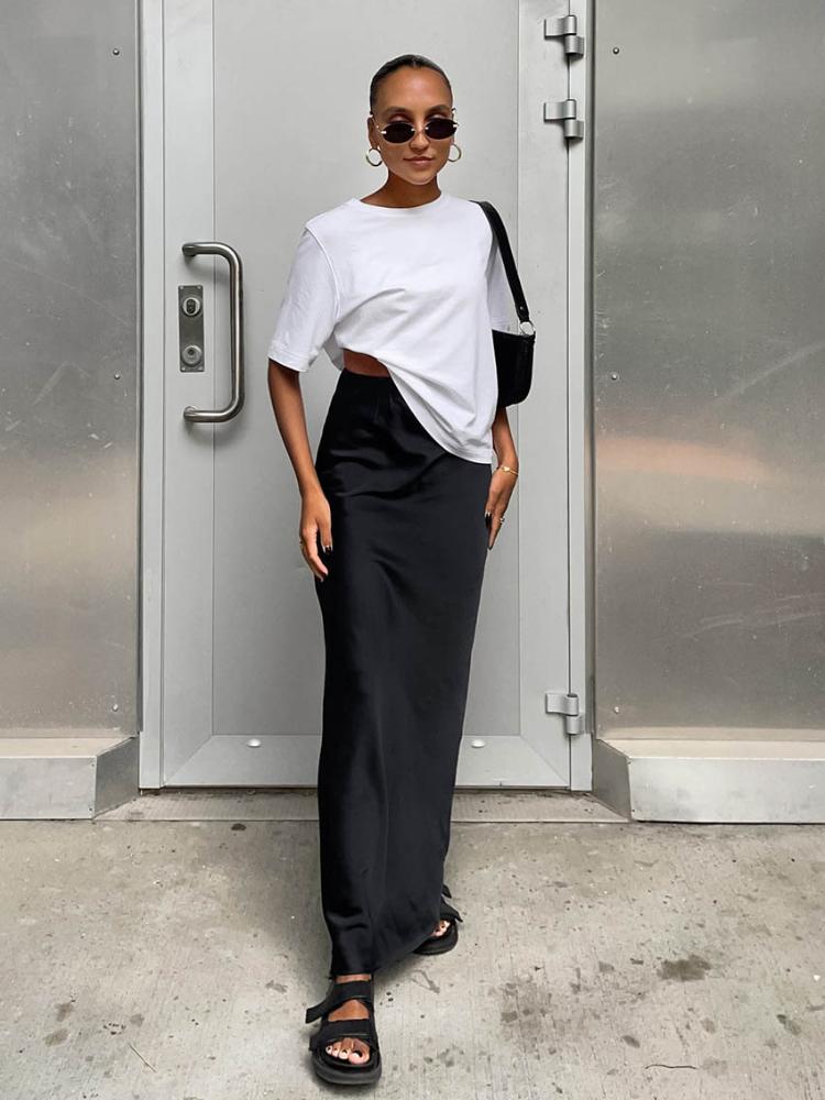 Eleganckie francuskie satynowe czarne spódnice trąbkowe damskie nowe modne wąskie spódnice z wysokim stanem damskie solidne długie spódnice biurowe wiosna lato