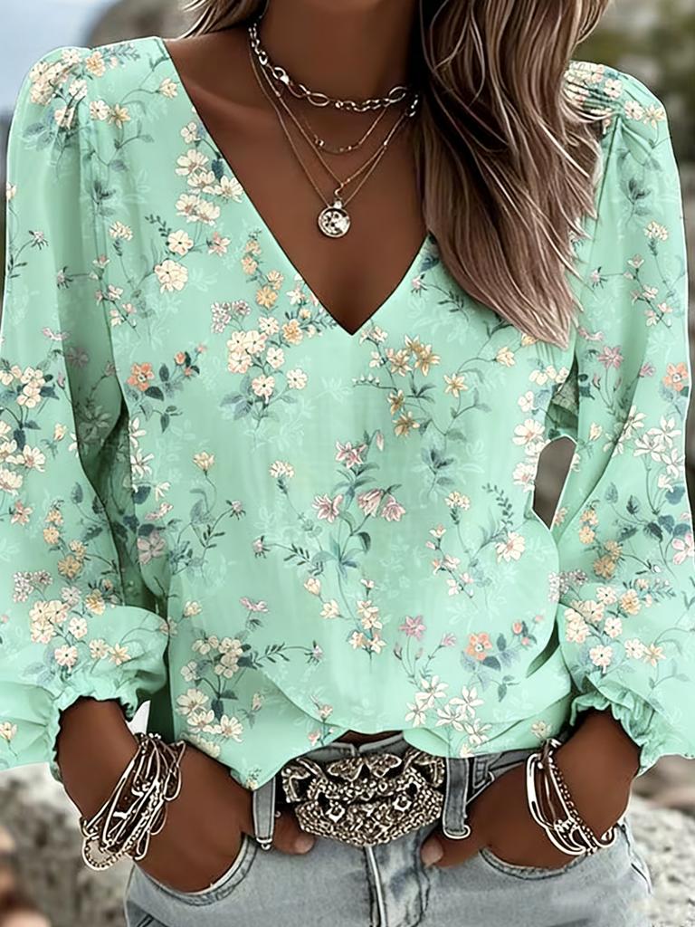 Koszula w stylu retro western z nadrukiem | Damska bluzka z długim rękawem i dekoltem w serek, z kolorowymi drobnymi nadrukami kwiatowymi i designerskimi rękawami typu latarnia w stylu bohema
