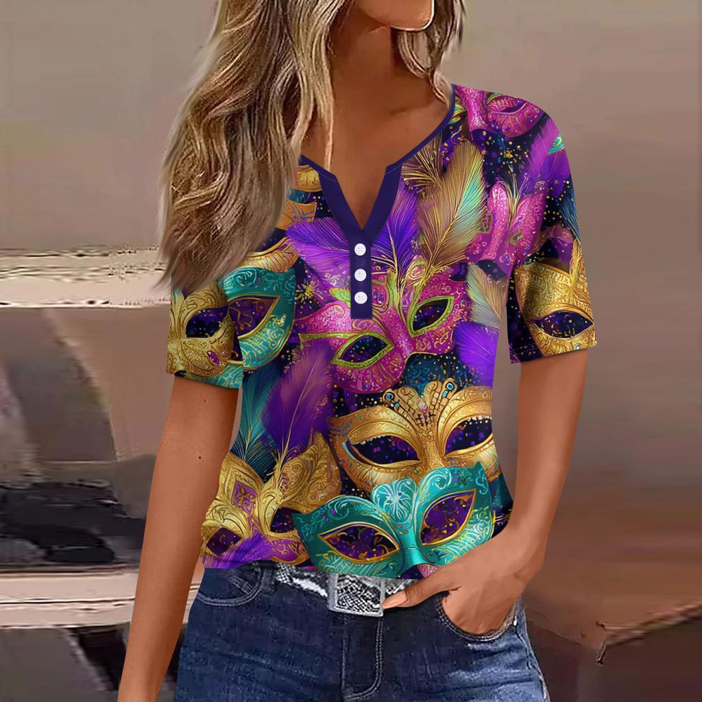 Damen-T-Shirt, T-Shirt, bedruckt, Knopfleiste, kurzärmelig, für den Alltag, Wochenende, modisch, Basic, V-Ausschnitt, normales Oberteil