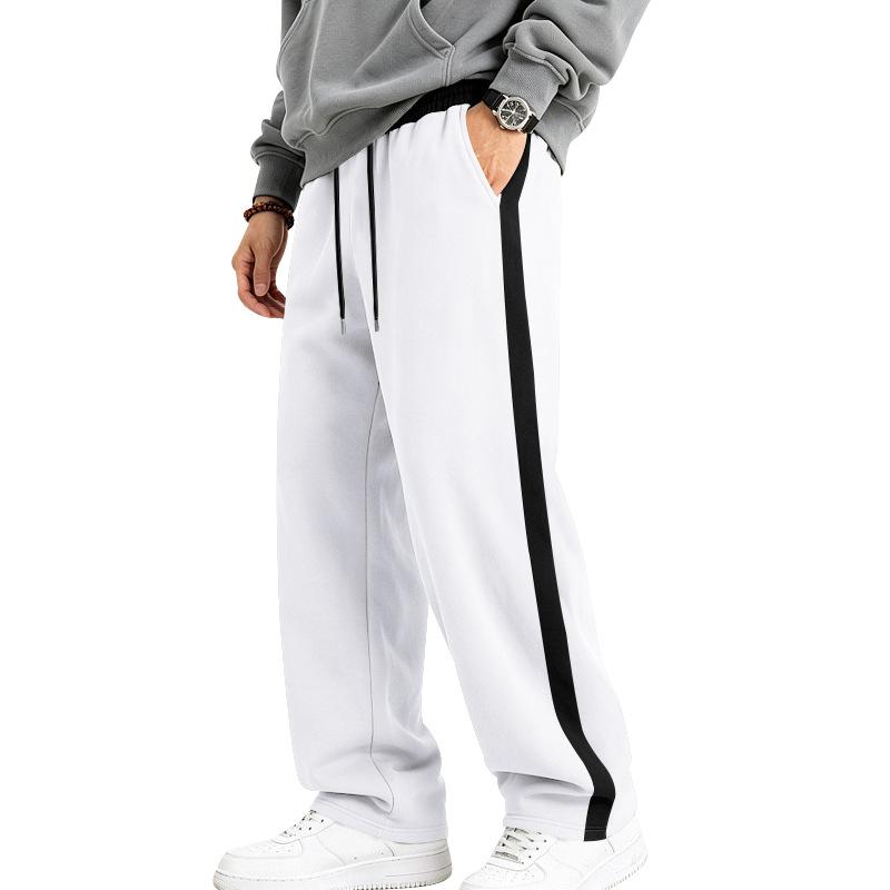 Pantaloni de trening largi pentru bărbați, căptușiți cu fleece, tricotaj greu, dungă contrastantă laterală, șnur, croială largă, casual, sport