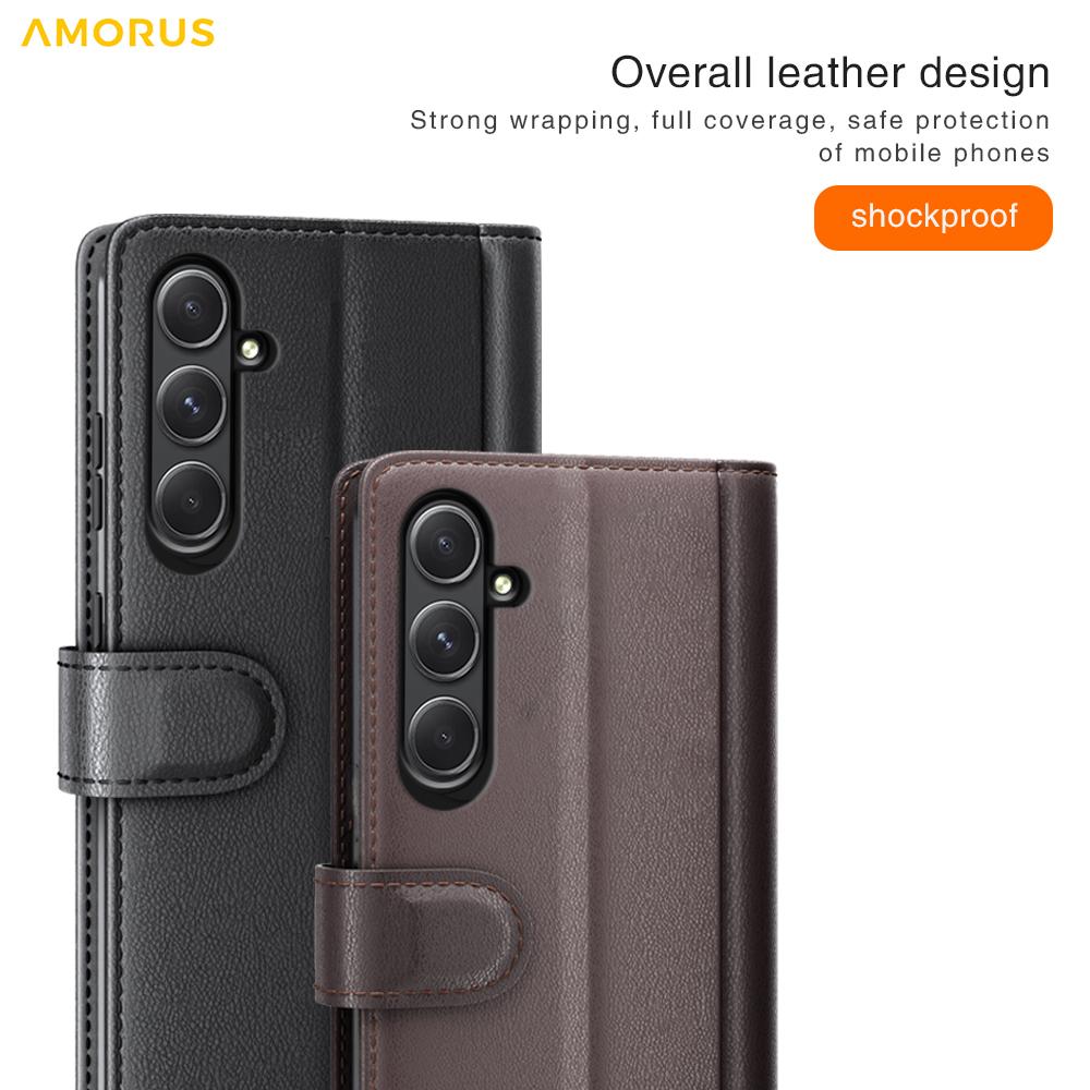AMORUS For Samsung Galaxy A55 5G Stand Cases Calf Texture Genuine Split Leather Wallet Phone Cover