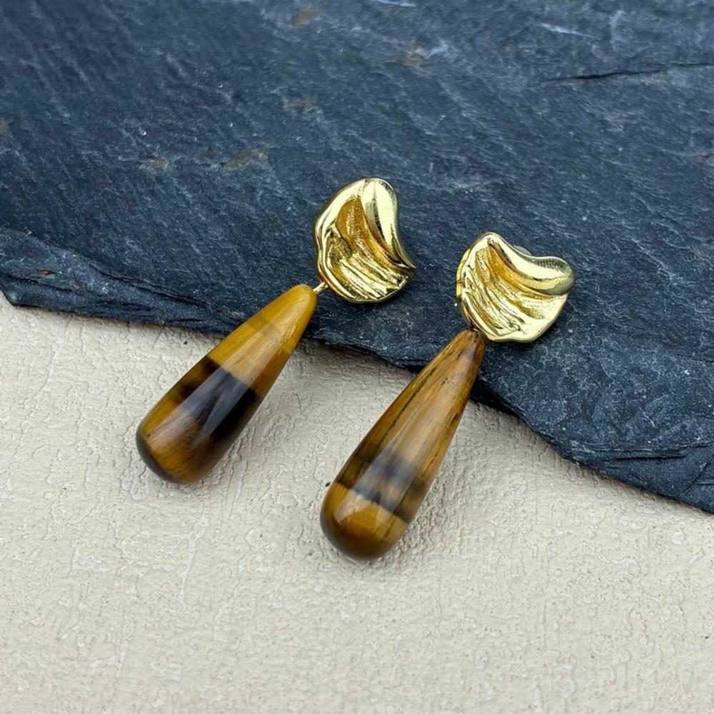 Natural Crystal Teardrop Drop Earrings Gold Plated Dangle Studs for Women Healing Stone Jewelry for Daily Wear
