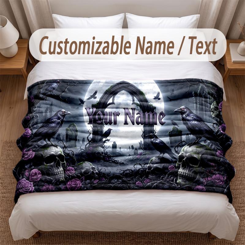 Skull Gothic Theme Soft Blanket Personalized Custom Name Text Print Warm Blanket Home Sofa Bedroom Decor