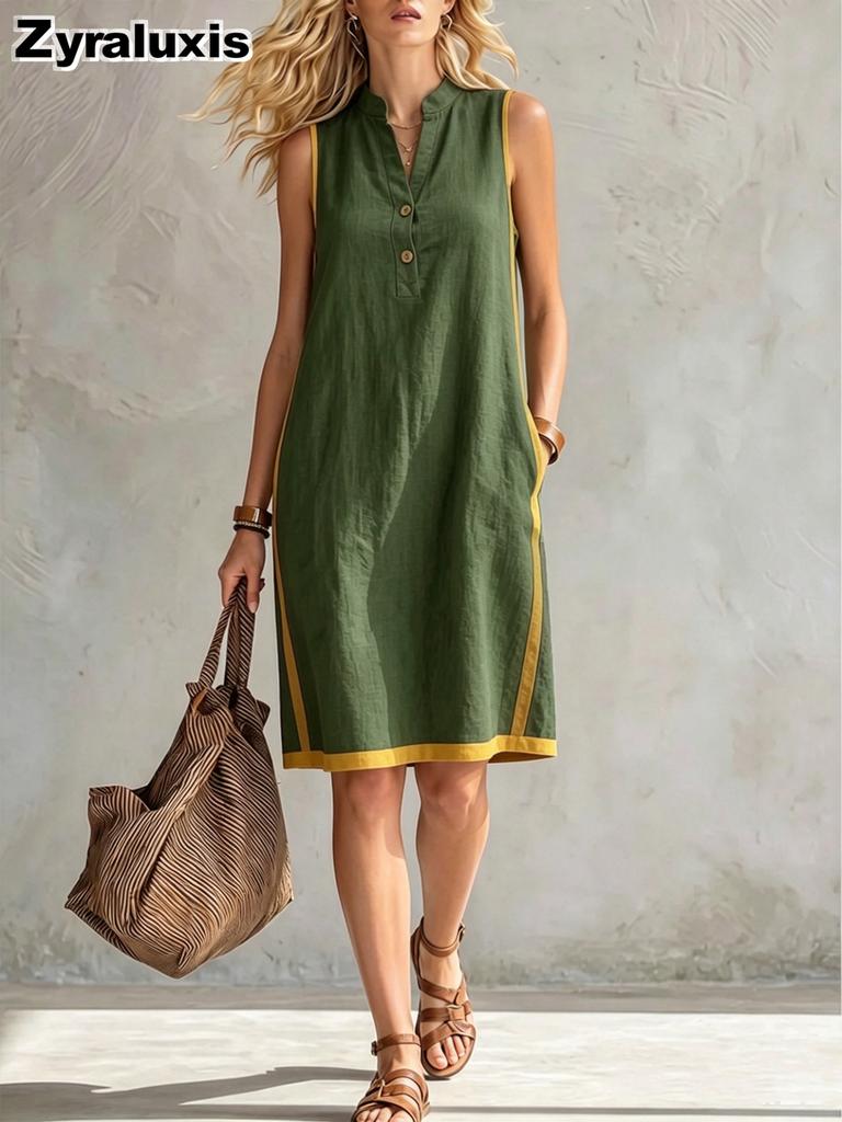 New Women's V-Neck Sleeveless Casual Loose Linen Dress