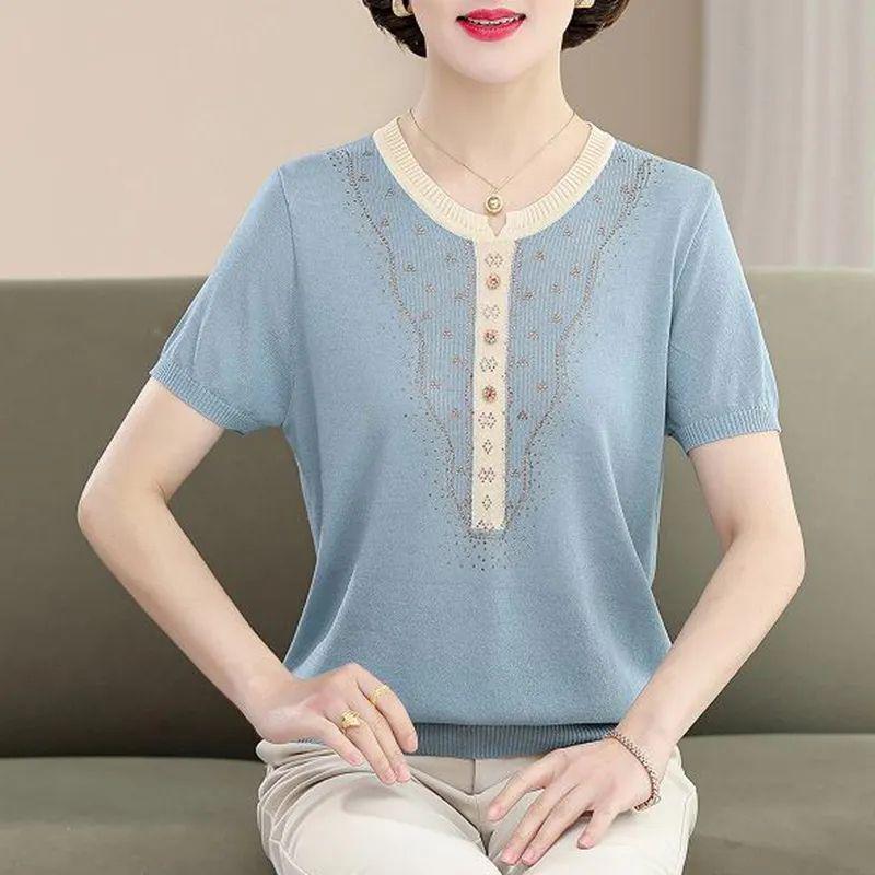 

Stylish Ice Silk Summer T-shirt & Pants Set for Middle-aged Women синій