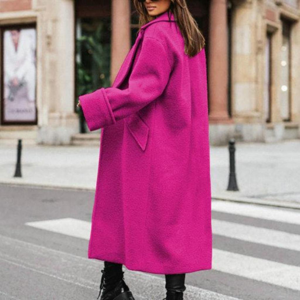 Damen Herbst-Wintermantel, Revers, lockerer langer Stil, einfarbig, dicke Strickjacke, warm, winddicht, Taschen, Doppelknöpfe, langärmelig, Damenmantel, Oberbekleidung