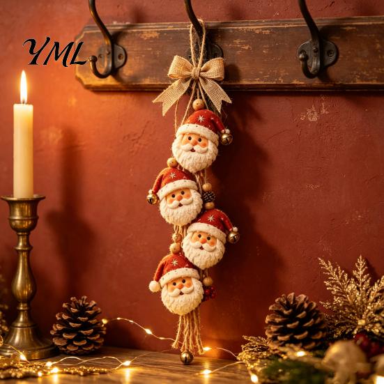 Santa Claus Decorations for Home Wooden Hanging Ornament, 2D Flat Pattern Sign with Jute Detailed Relief Holiday Hangings Rope And Bell, Vintage Door