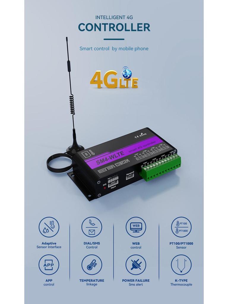 SM4-WLTE-EA 4G 4-Channel Thermocouple PT100 SMS Power Outage Alarm
