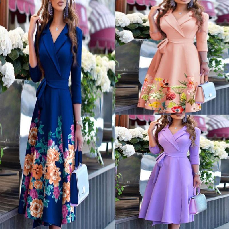 New women's clothing independent station printed suit collar laceup dress