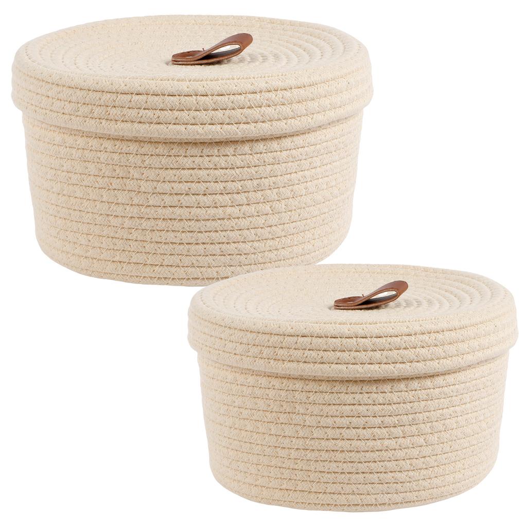 2Pcs Cotton Rope Storage Baskets Woven Desktop Sundries Kids Toys Organizer Box Storage Basket with Lid Sorting Jewelry Snack