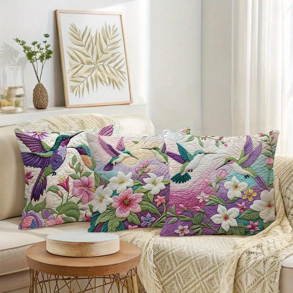 Short Plush Material Pillowcaseexquisite Quilted Pillowcases With Hummingbirds And Floral Sofa Cushion Cover Home Room Decorati