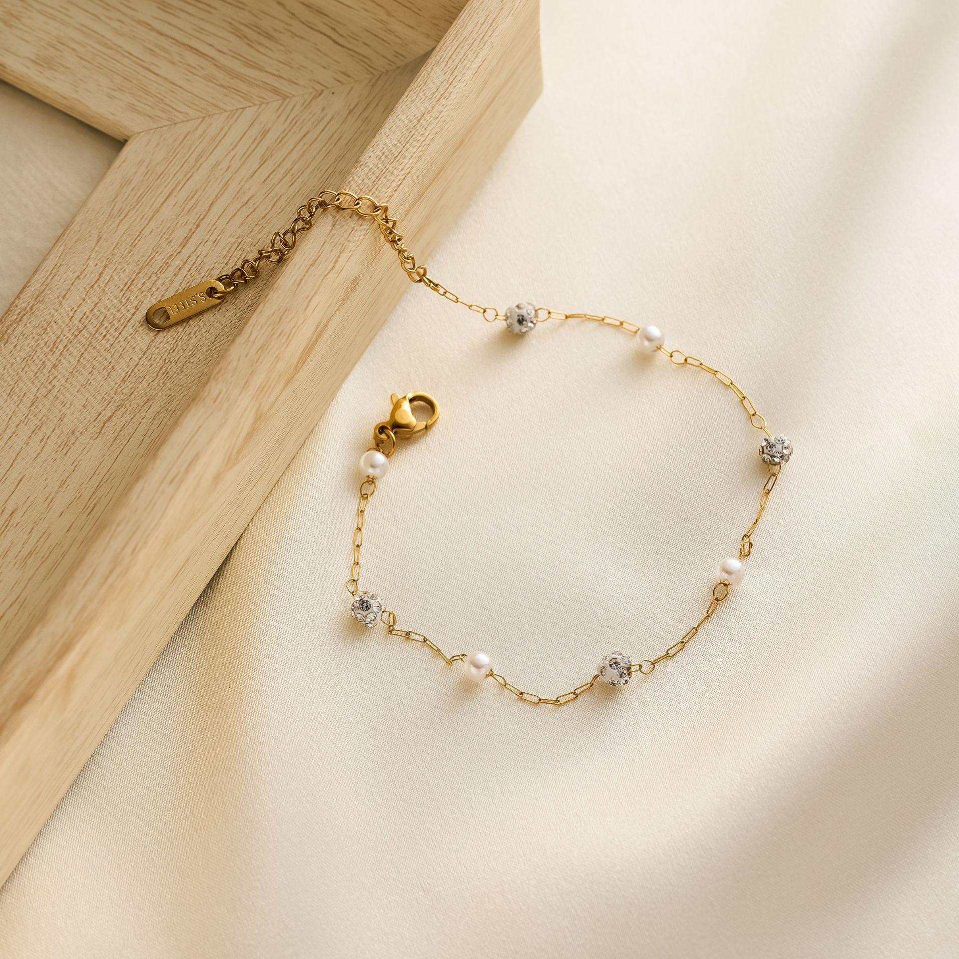 

Imitation Pearl and Clear Zircon Beads Bracelets for Women Fashion Stainless Steel Gold Color Bracelets Zircon Gift 16-21cm