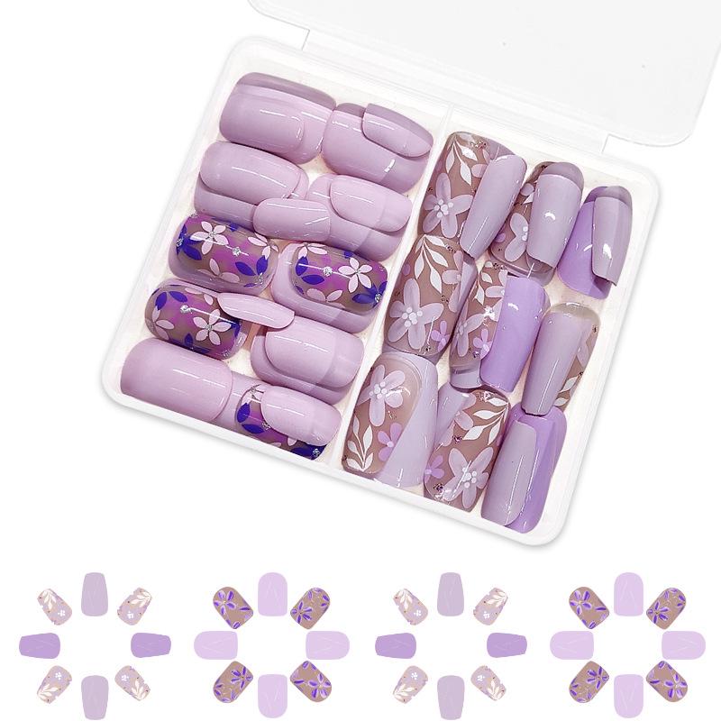 

48-Piece Removable Glossy Square Nail Set - Spring Style with Purple Flowers