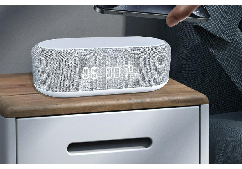 Multifunktionaler Bluetooth-Lautsprecher mit Wecker, kabellosem Ladegerät & Nachtlicht