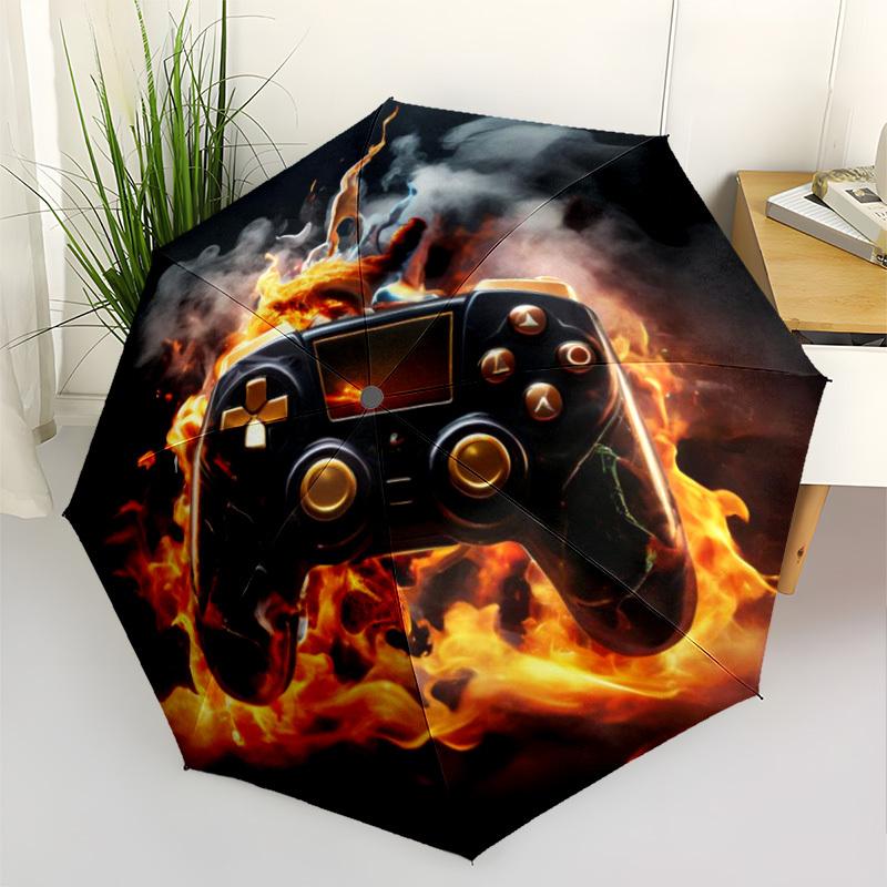 Flaming Gaming Controller Igniting The Thrill Of Video Games Automatic Umbrella Compact 8 Rib Lightweight Durable Plastic Iron All Season Travel