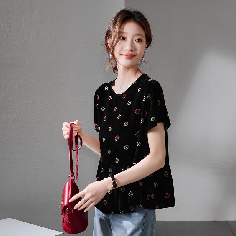 SOFSIL 2026 Summer Velvet Mulberry Silk Printed Short-Sleeve Blouse