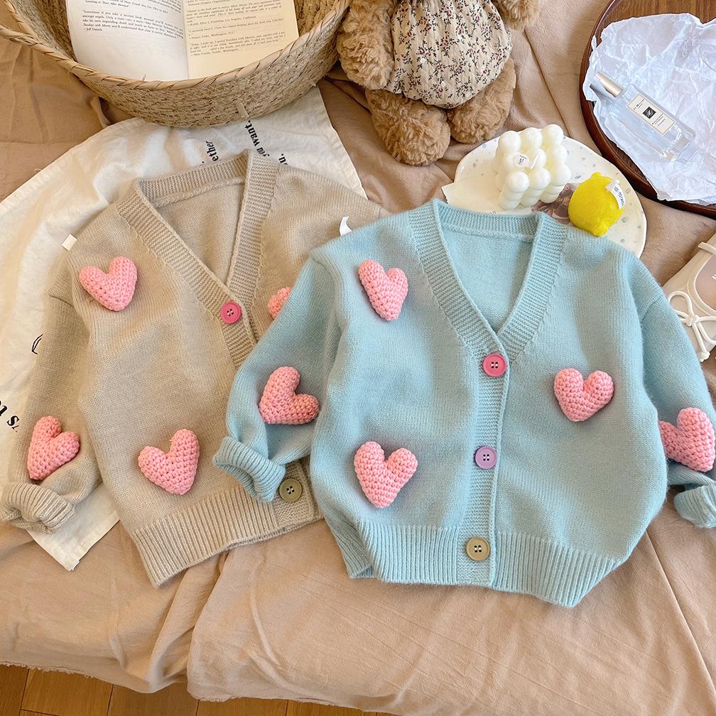 Girls' 3D Heart Knit Cardigan Sweater - 2025 Trendy Top for Baby Girls
