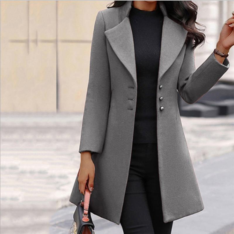 Abrigo de lana para mujer, de color liso, fino, con solapa larga, estilo europeo y americano, para otoño e invierno