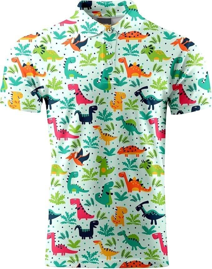Dinosaur Print Short Sleeve Polo, Stylish Casual Top for Everyday Wear