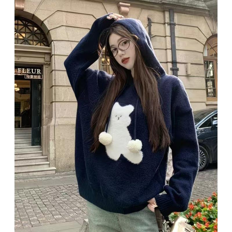 Christmas Festival Women's Hooded Sweater Korean Loose Cartoon Pattern Long Sleeved Woman Pullover Winter Casual Fashion Ladies Knitted Sweaters