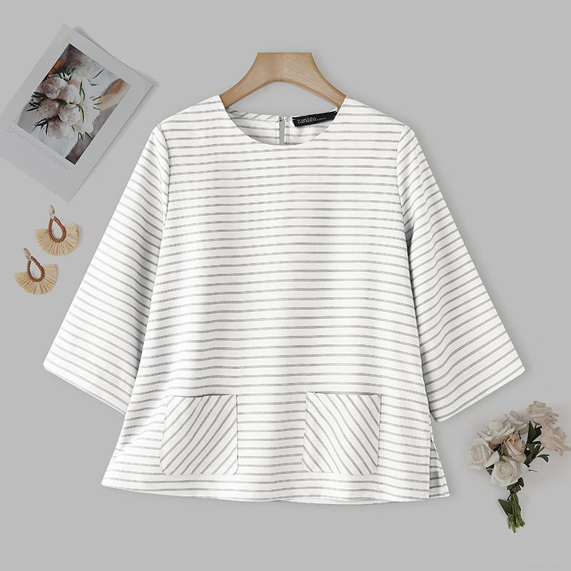 

ZANZEA Женская повседневная блузка с круглым вырезом, свободного кроя, с рукавами 3/4 и полосатым принтом S белый