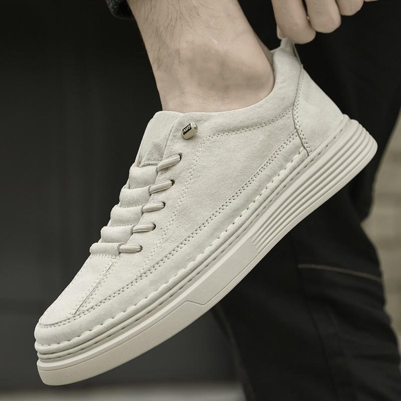 Men's Board Shoes Thick-soled Lace-up Round Head Board Shoes Fashion Casual Shoes Spring and Autumn Low-top Suede Leather Handmade Sports Trendy Shoes