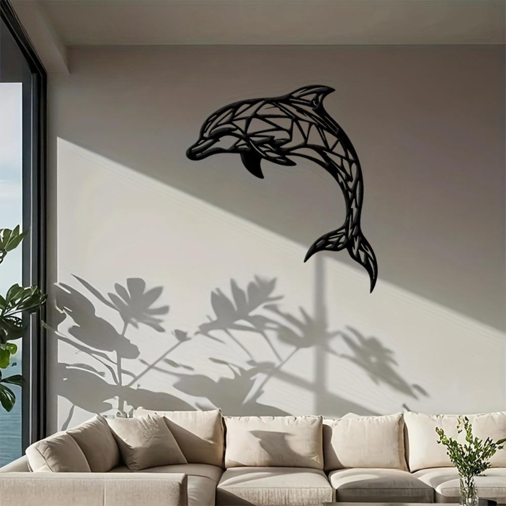 Black Metal Dolphin Wall Sculpture Jumping Iron Marine Art Outdoor Decor Swimming Figurine Living Room Patio Gift for Dolphin Lovers
