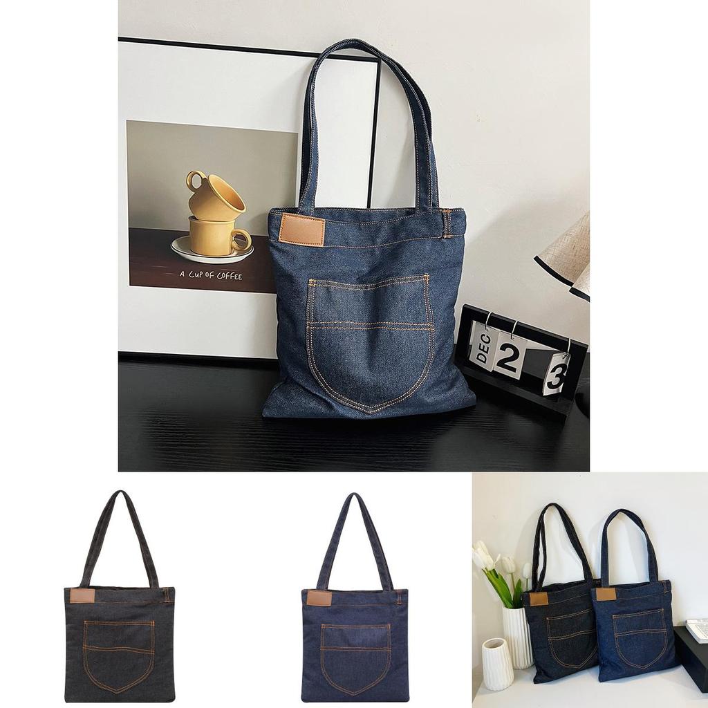 Denim Shoulder Bag Large Capacity Shopping Tote With Zipper For Daily Use