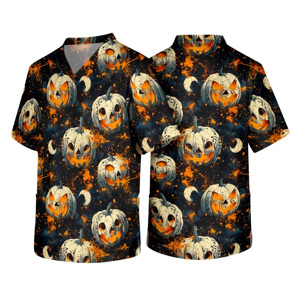 Men V Neck Short Sleeve Halloween Print Chest Pocket Scrub Top Comfortable Fit Soft Fabric Workwear Shirt