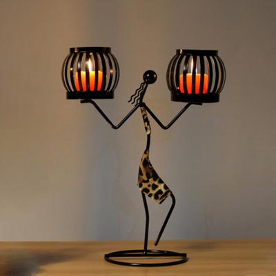 1PC Double Lantern Home Decor Leopard Print Person Abstract Character Sculpture Creative Metal Candlestick Candle Holder