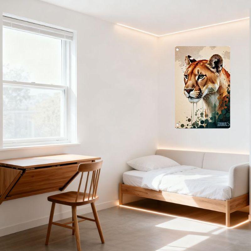 Modern Geometric Lioness Metal Tin Sign, Warm Tones Abstract Animal Wall Decor, Green Eyes, Polygonal Art for Home Club Cafe Bar