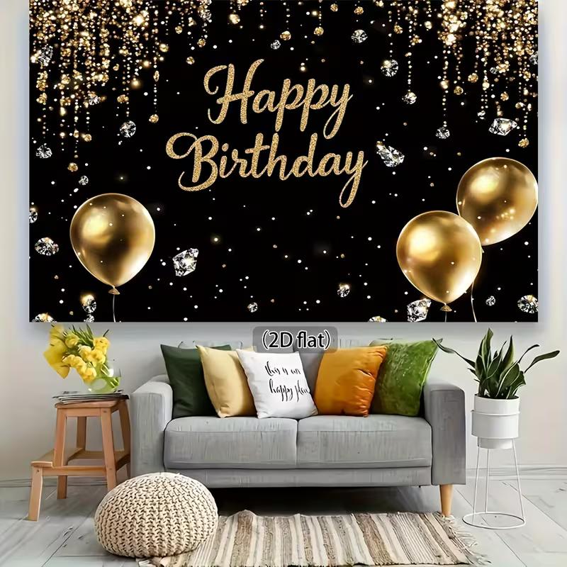 2D Happy Birthday Photo Backdrop Banner Black Gold Glitter Curtain Diamond Party Background Cloth