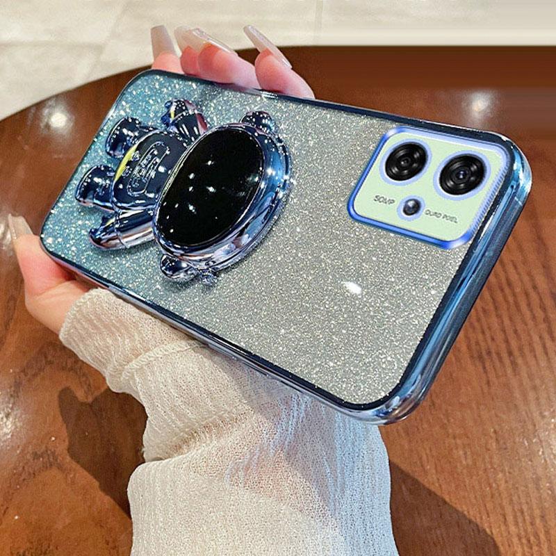Cell Phone Case for Motorola Moto G54 5G PC+TPU Glitter Powder Astronaut Kickstand Cover