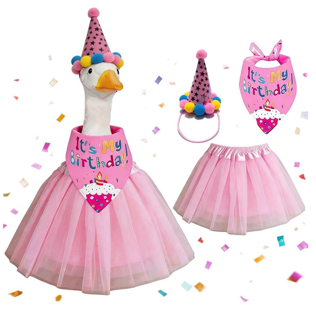 Geburtstagsparty Outfit Set Enthält Tüllrock Elastischer Bund Partyhut mit Bommeln und Bedrucktes Bandana Lätzchen für 23 Zoll Gänse-Dekoration