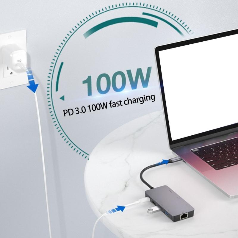 Fast Speed USB C Docking Station with HDTV 8K Support USB3.0 Port Gigabit Ethernet PD100W Fast Charging Card Reader