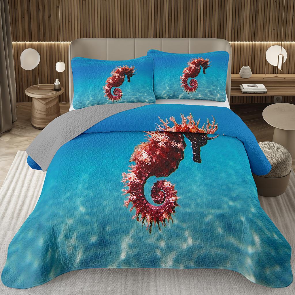 Comforter Seahorse Queen Size 3D Seahorse Printed Bedding Set Ocean Animal Quilted Marine Mediterranean Style Bed