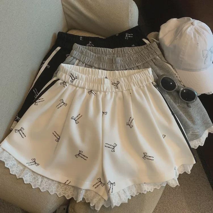 Women's Elastic Waist Lace Bowknot Print Summer Casual Wide Leg Shorts