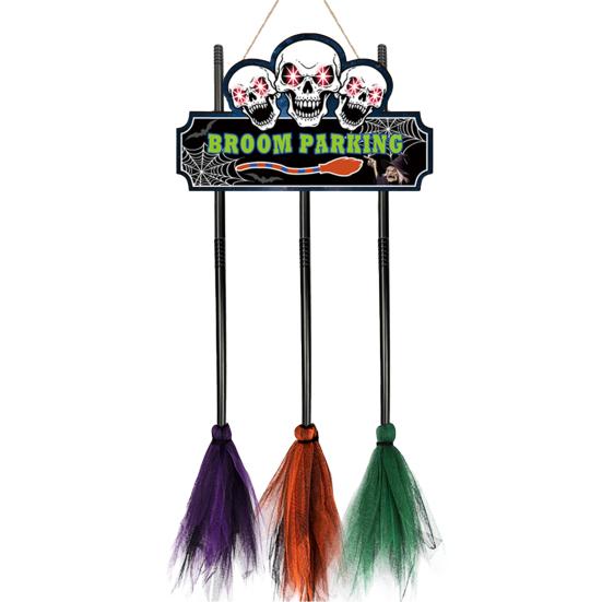 Hanging Broomstick Holiday Ornaments Halloween Broom Parking Sign with 3 Witch Brooms, Hocus Pocus Themed Wooden Sign, Yard And Porch