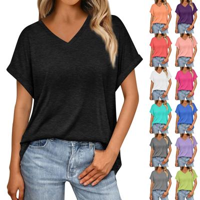 Women's Summer Fashion Solid Color V-Neck Loose Short Sleeve T-Shirt Top