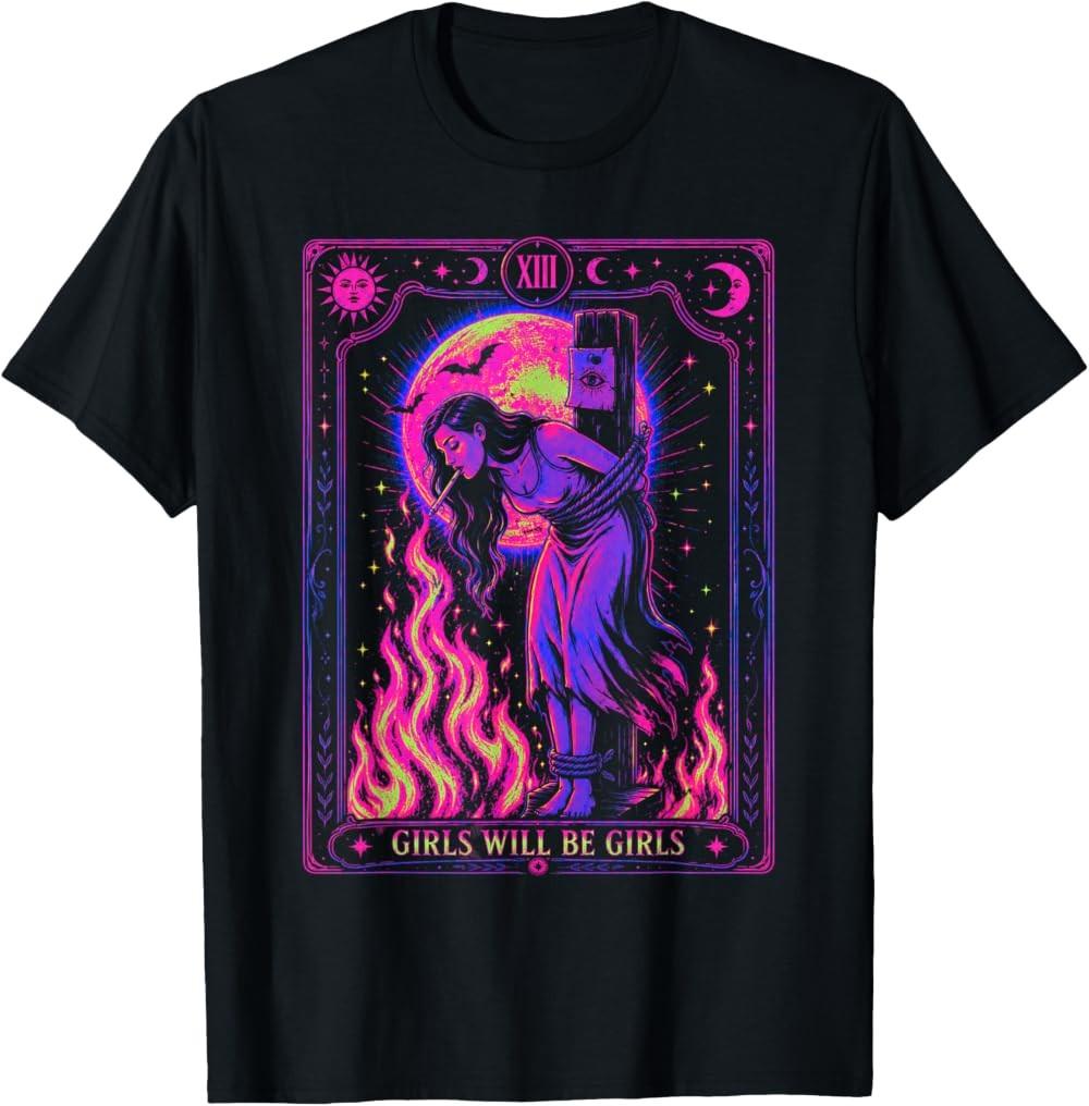Mädchen Sind Mädchen Gothic Tarot Hexe Feuer Retro Bedrucktes T-Shirt