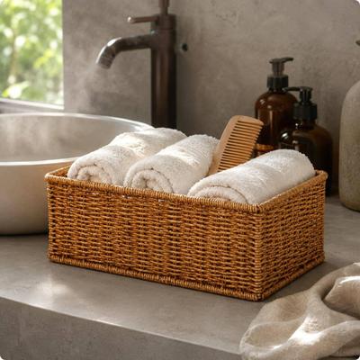 Rectangular Storage Basket Reinforced Rim Rattandesign Woven Household Organizer Light Brown